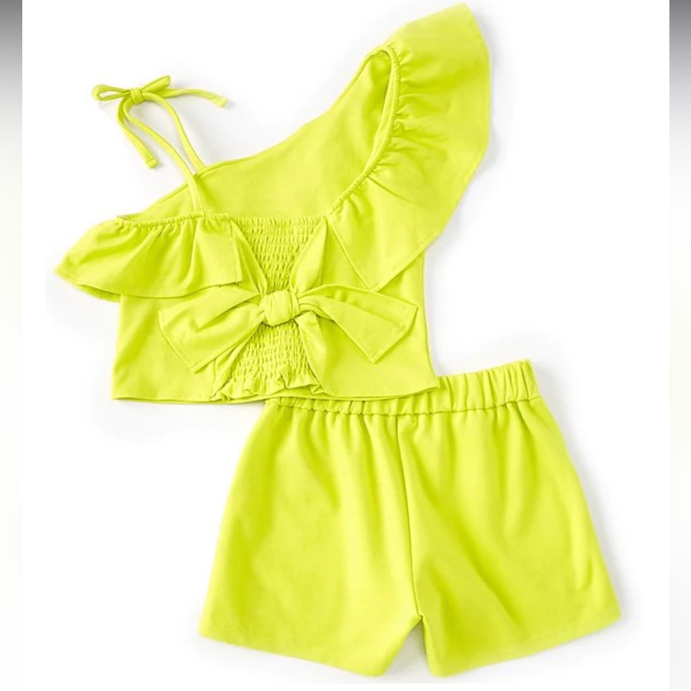 Habitual Girls Neon Lime One-Shoulder Ruffle Top & Shorts Set